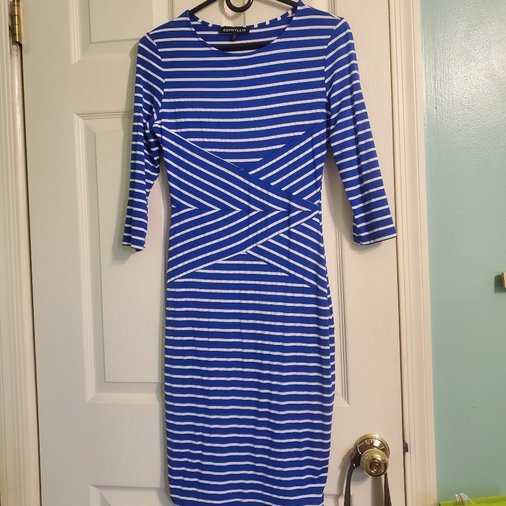 Rephyllis - Size S - Blue and White Striped Long Sleeve Midi Dress